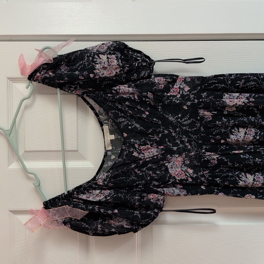 LoveShackFancy Silk Navy Midi Dress with Pink Floral Design - Picture 2 of 10